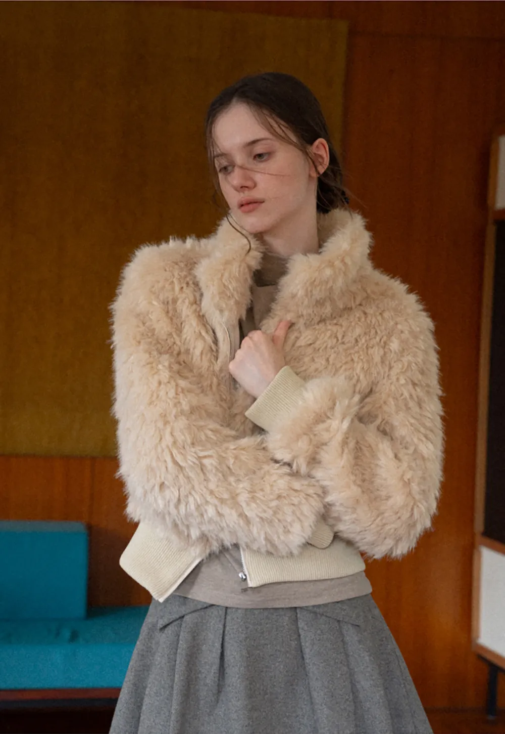 Fluffy Textured Cropped Bomber Jacket