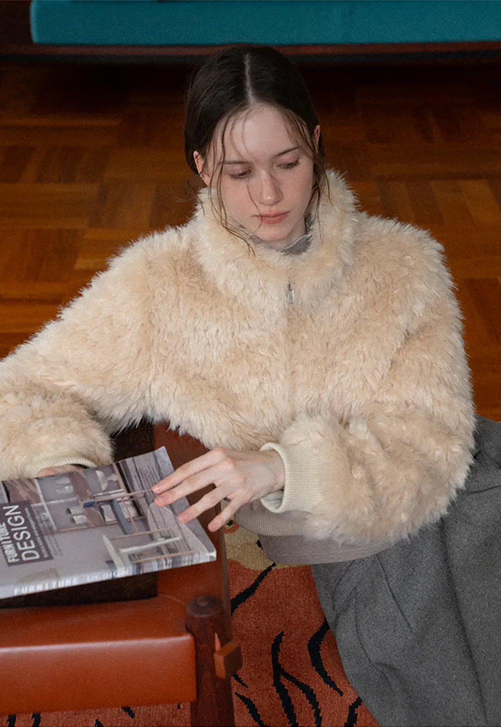 Fluffy Textured Cropped Bomber Jacket