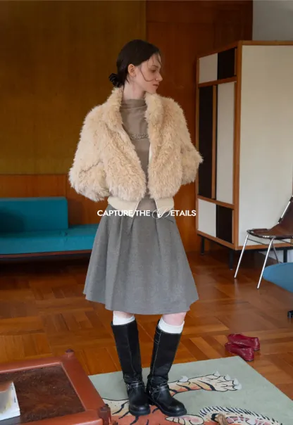 Fluffy Textured Cropped Bomber Jacket
