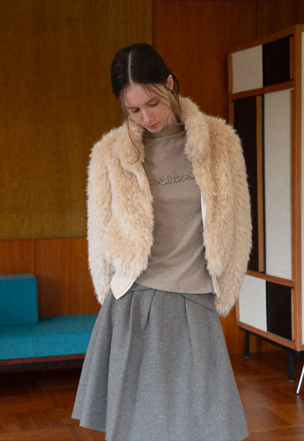 Fluffy Textured Cropped Bomber Jacket