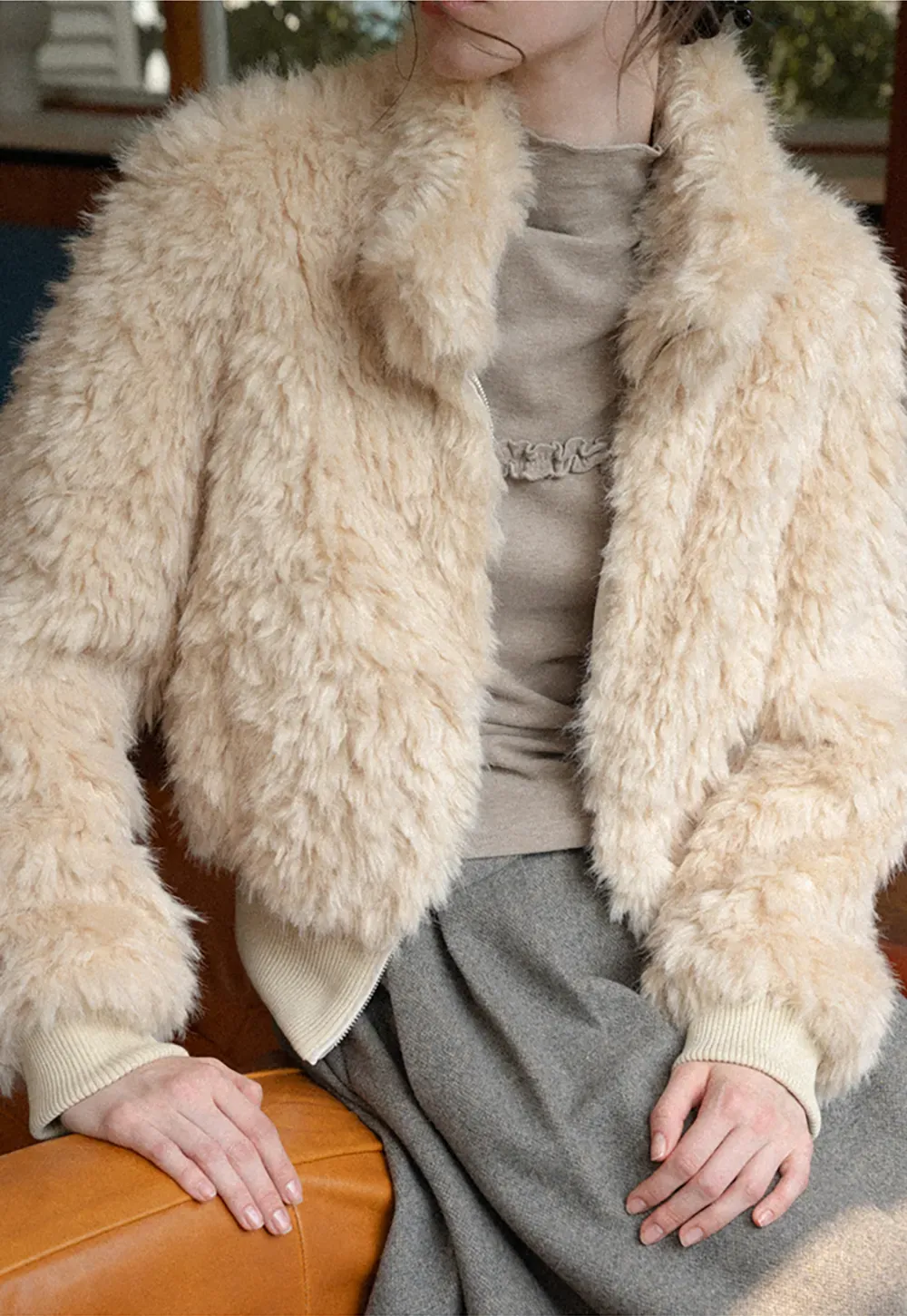 Fluffy Textured Cropped Bomber Jacket