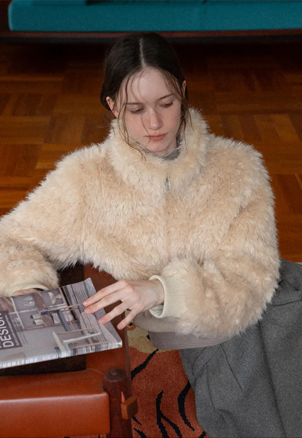 Fluffy Textured Cropped Bomber Jacket