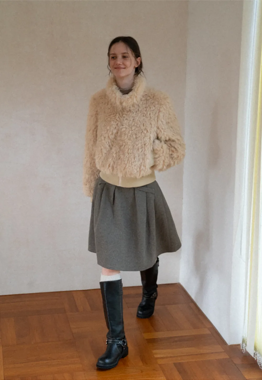 Fluffy Textured Cropped Bomber Jacket