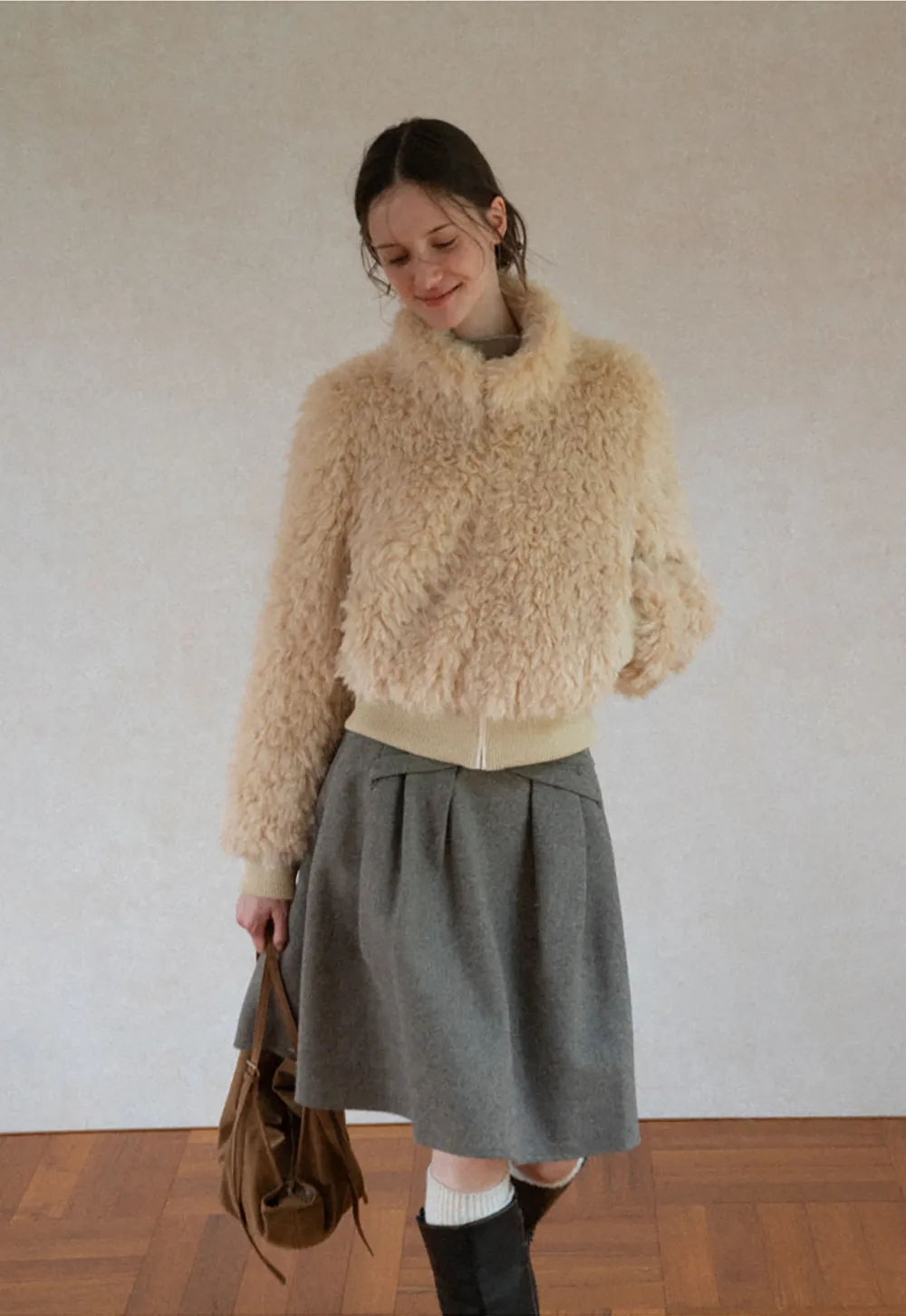 Fluffy Textured Cropped Bomber Jacket
