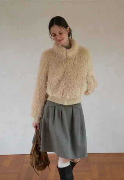 Fluffy Textured Cropped Bomber Jacket