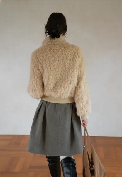 Fluffy Textured Cropped Bomber Jacket