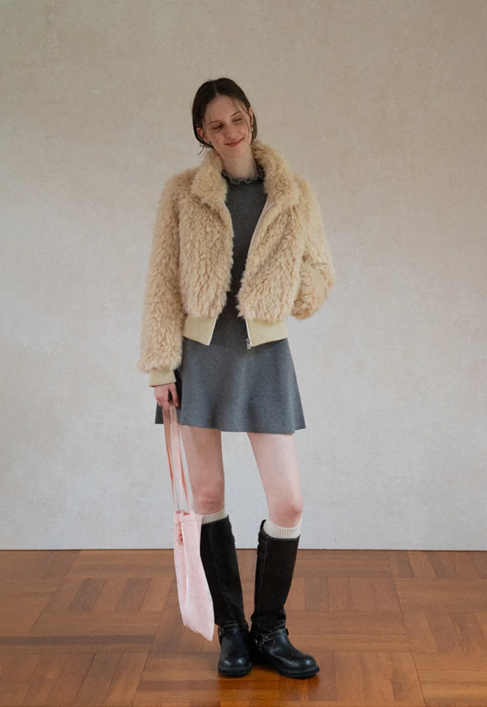 Fluffy Textured Cropped Bomber Jacket