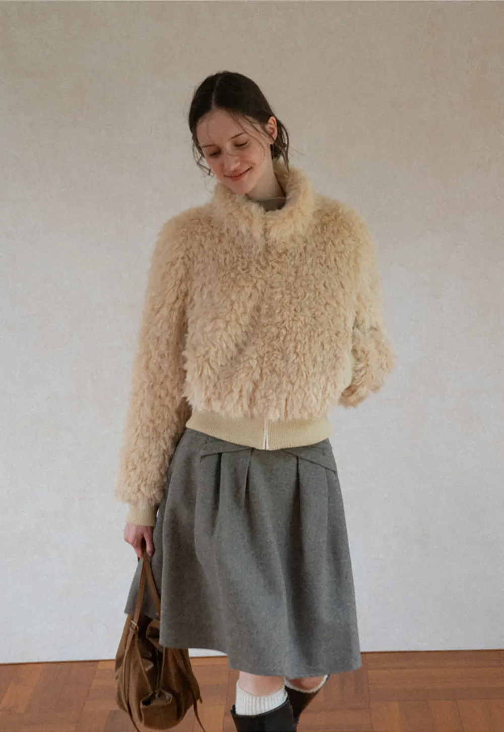 Fluffy Textured Cropped Bomber Jacket