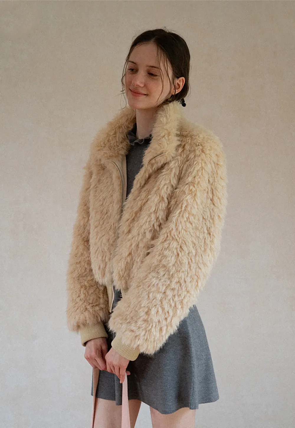 Fluffy Textured Cropped Bomber Jacket
