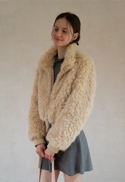 Fluffy Textured Cropped Bomber Jacket