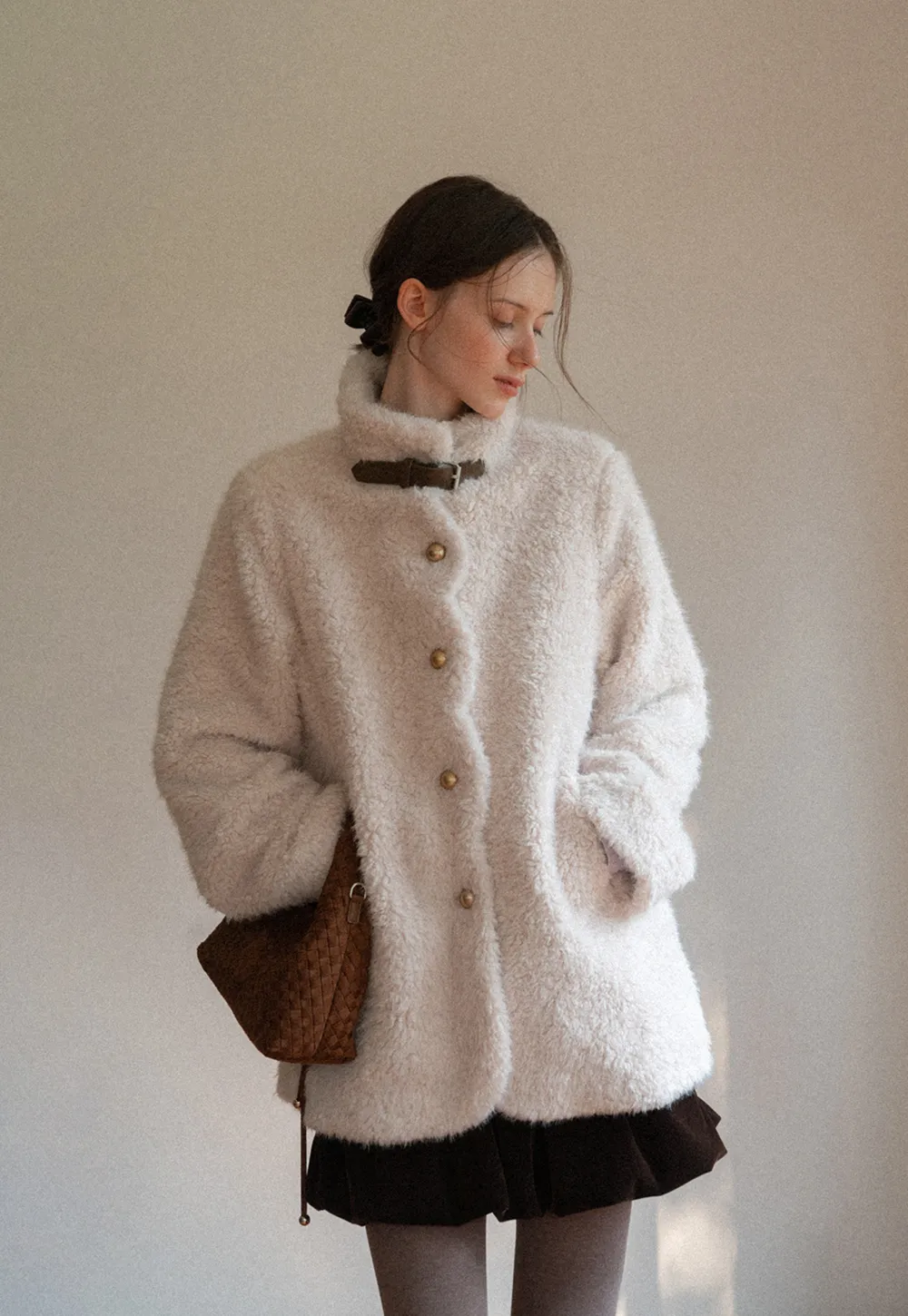 High Collar Faux Shearling Button Front Short Jacket