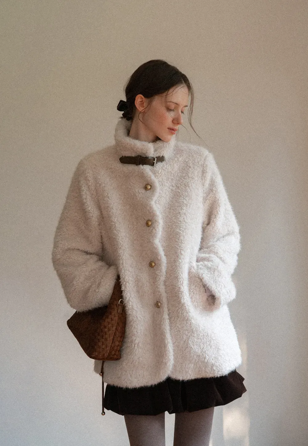 High Collar Faux Shearling Button Front Short Jacket