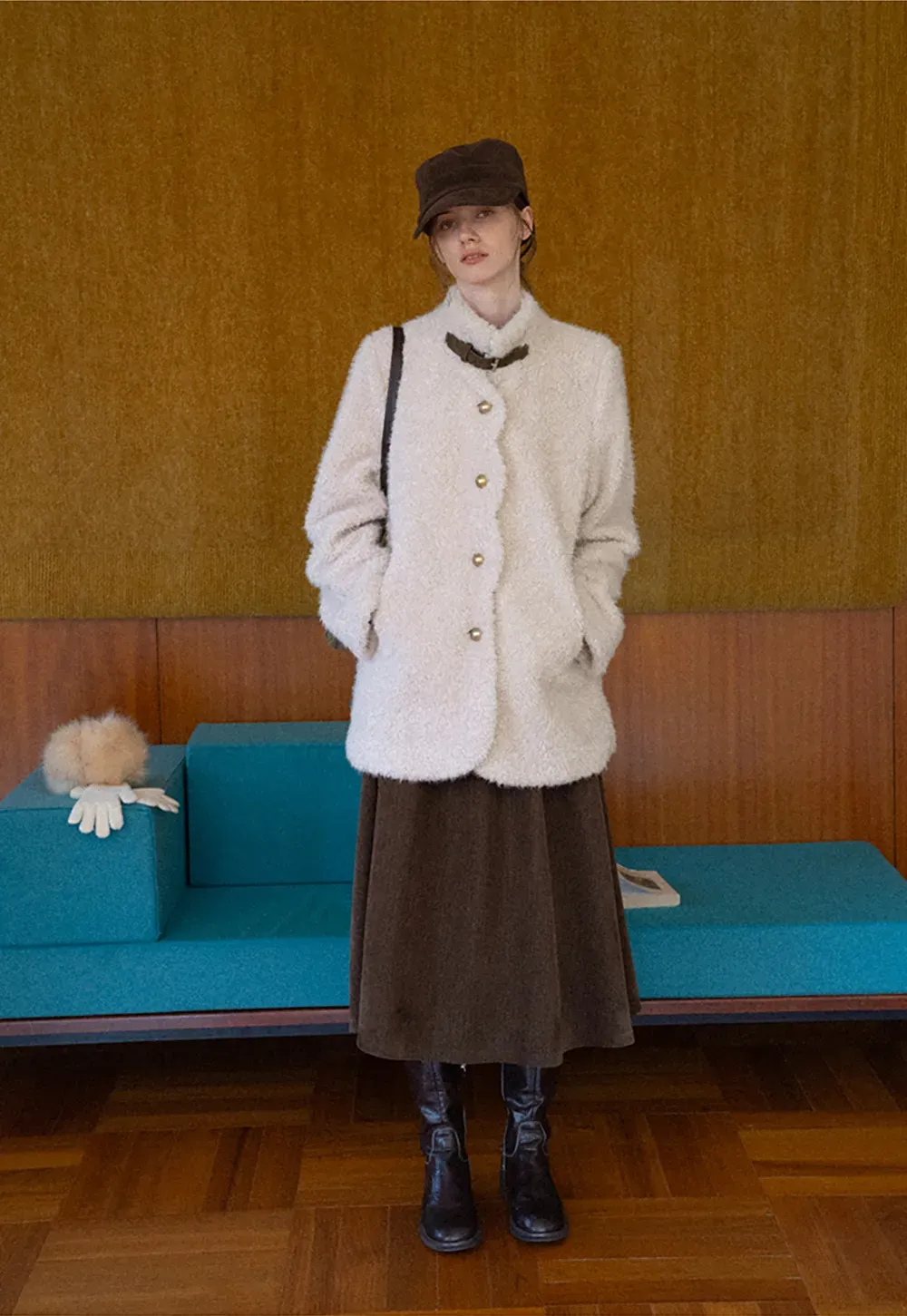 High Collar Faux Shearling Button Front Short Jacket