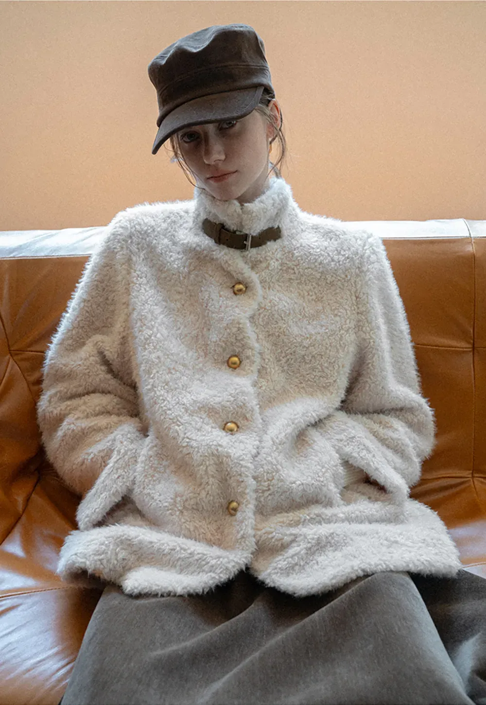 High Collar Faux Shearling Button Front Short Jacket