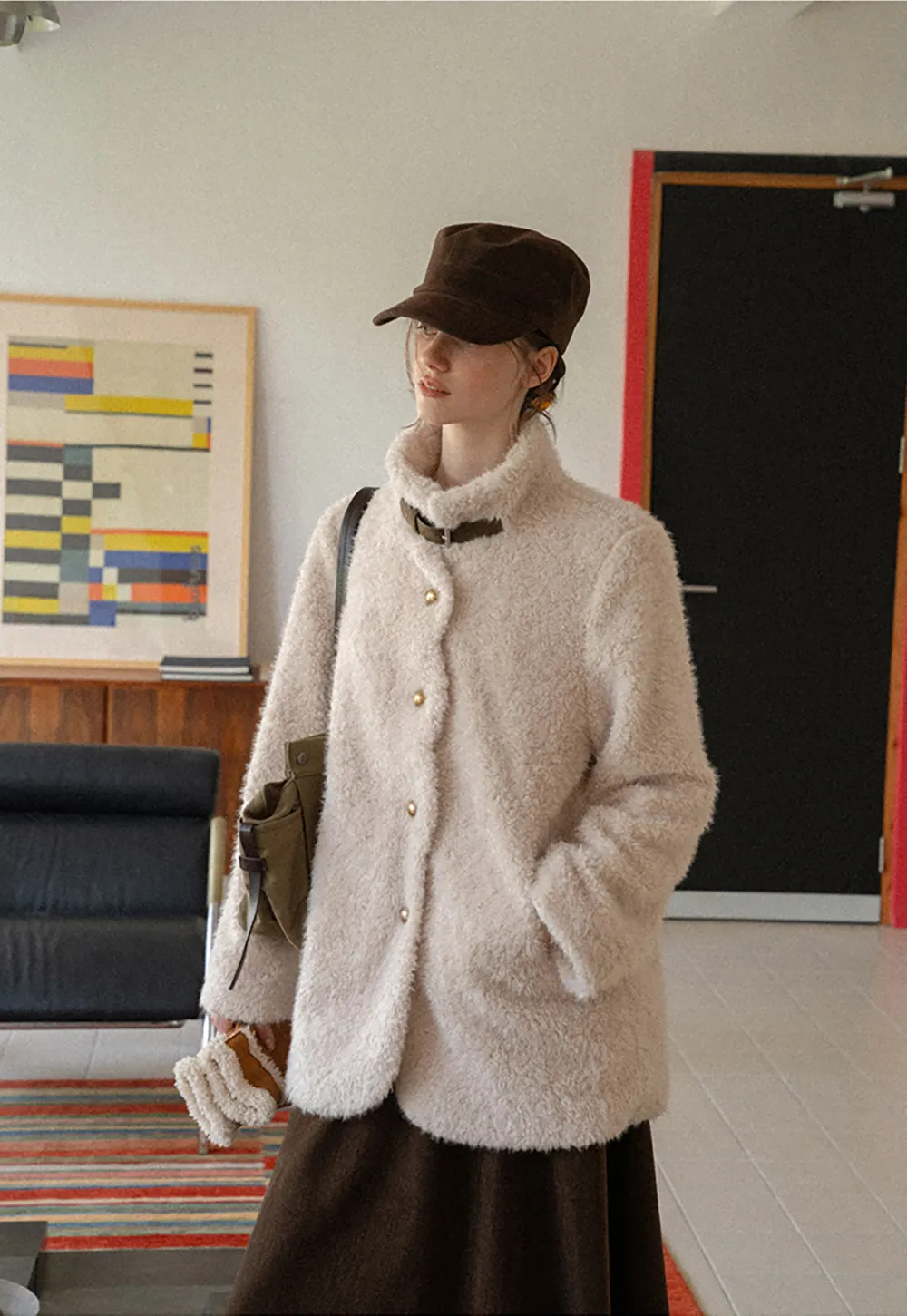 High Collar Faux Shearling Button Front Short Jacket