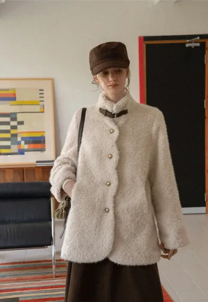 High Collar Faux Shearling Button Front Short Jacket