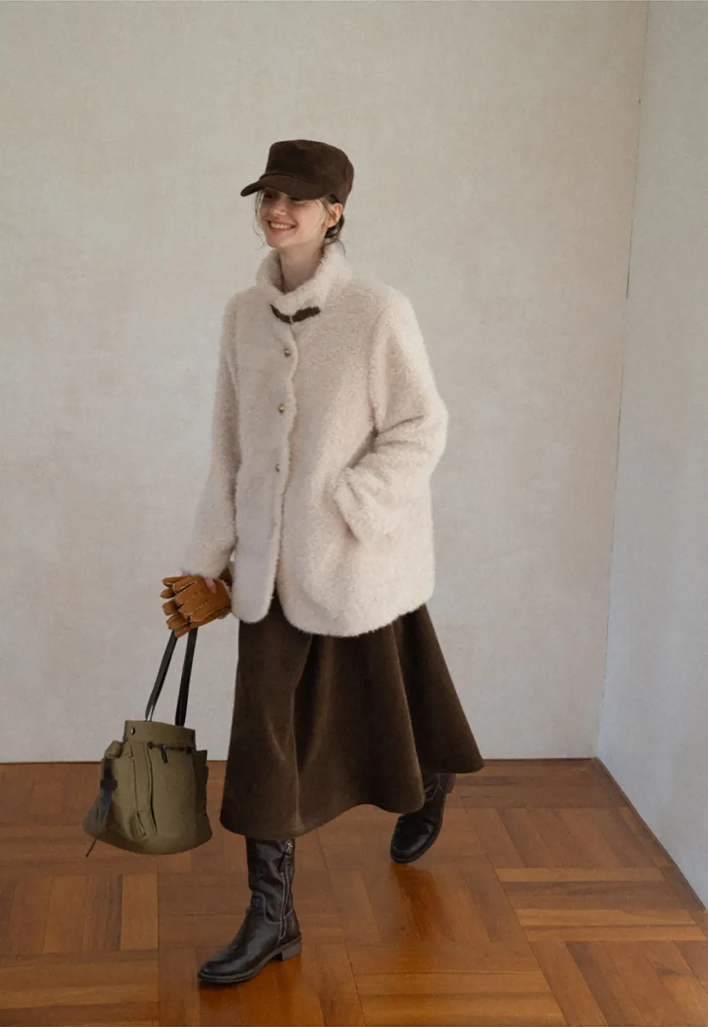 High Collar Faux Shearling Button Front Short Jacket