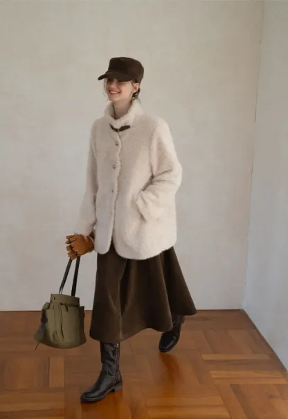 High Collar Faux Shearling Button Front Short Jacket