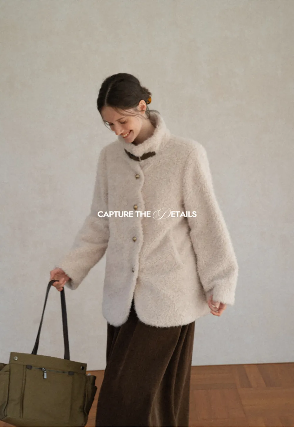 High Collar Faux Shearling Button Front Short Jacket