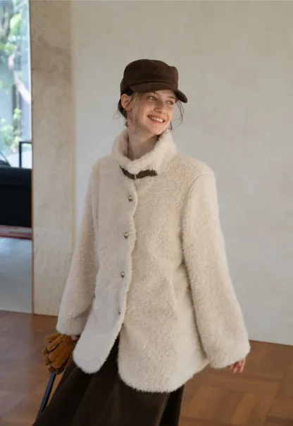 High Collar Faux Shearling Button Front Short Jacket