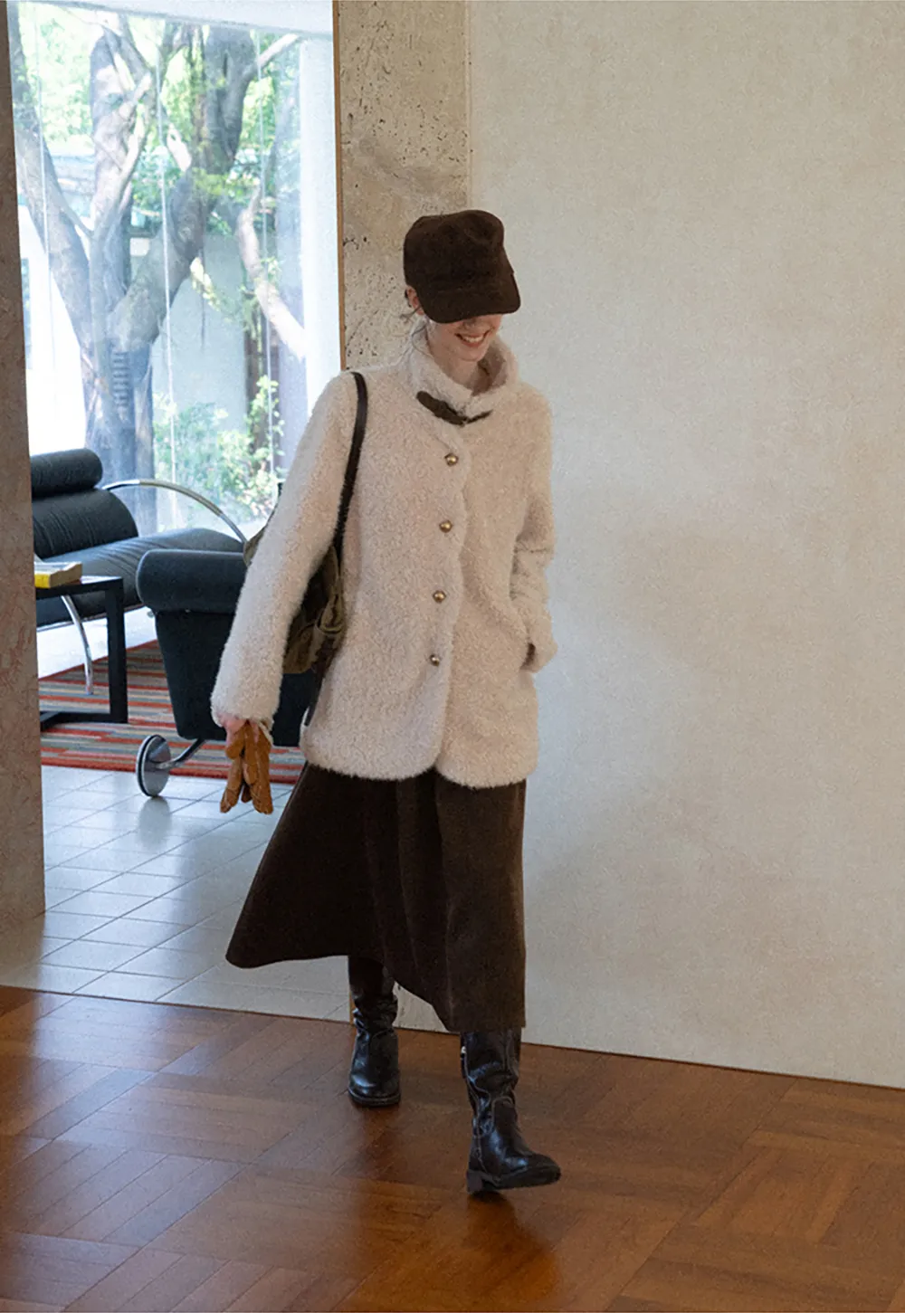 High Collar Faux Shearling Button Front Short Jacket