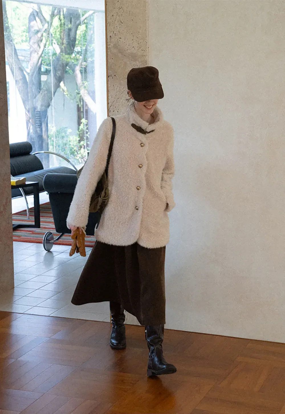 High Collar Faux Shearling Button Front Short Jacket