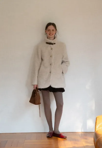 High Collar Faux Shearling Button Front Short Jacket