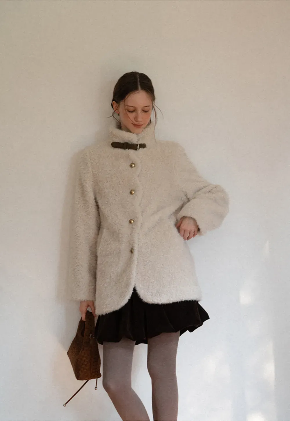 High Collar Faux Shearling Button Front Short Jacket