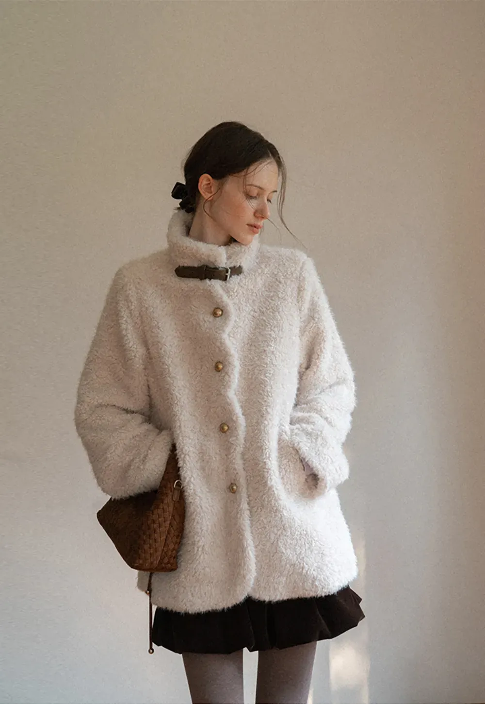 High Collar Faux Shearling Button Front Short Jacket