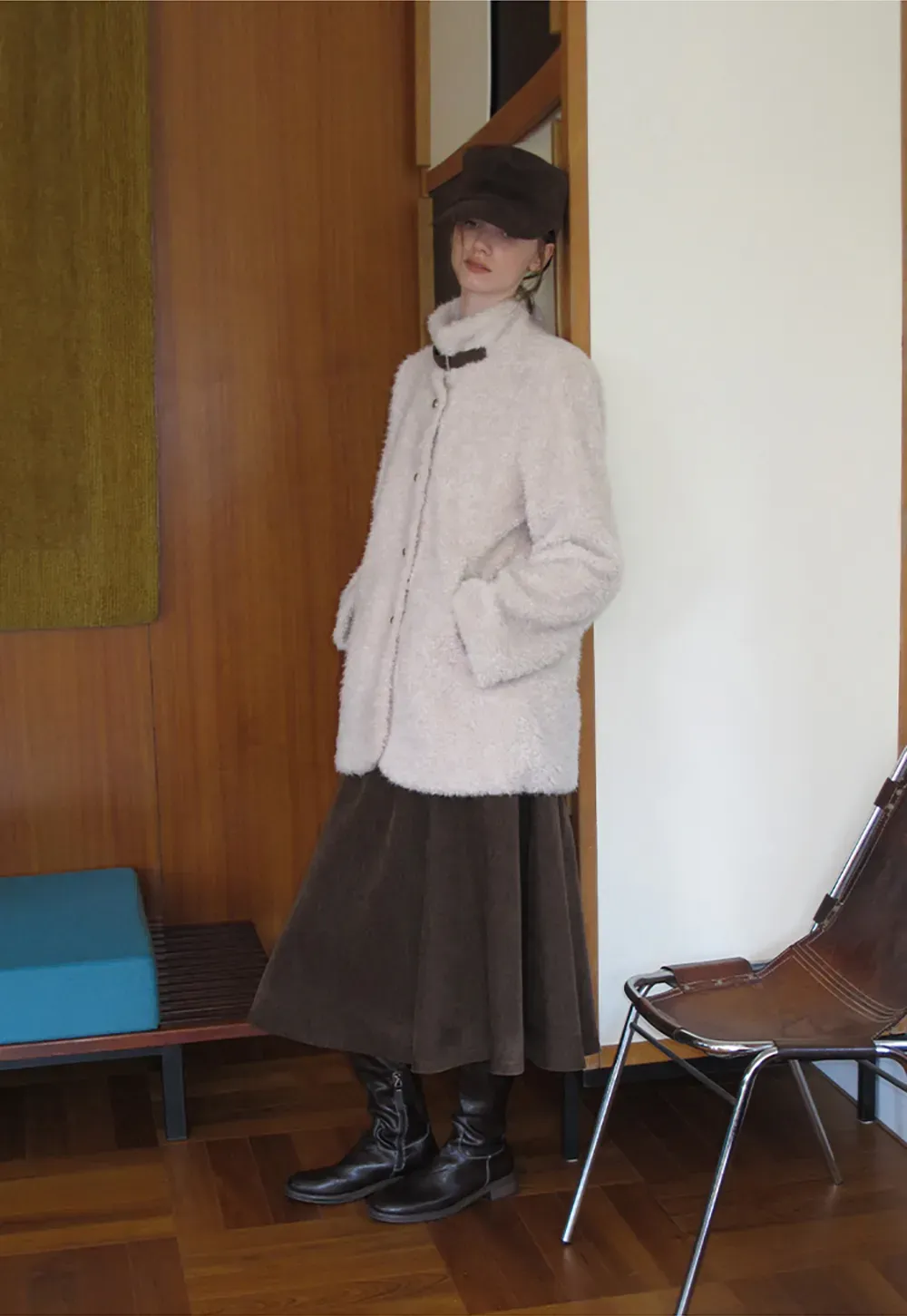 High Collar Faux Shearling Button Front Short Jacket
