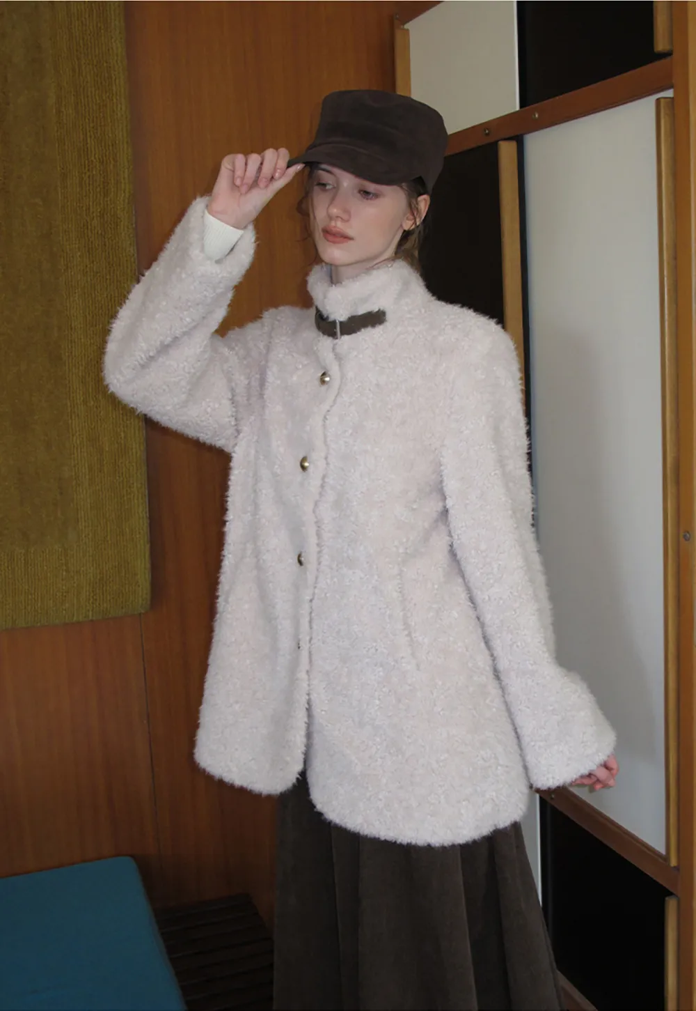 High Collar Faux Shearling Button Front Short Jacket