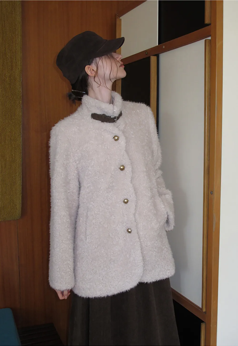 High Collar Faux Shearling Button Front Short Jacket