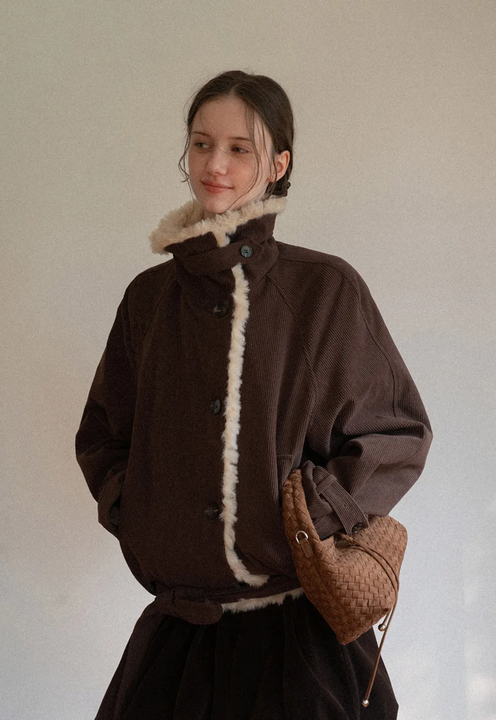 Shearling Trimmed Corduroy Short Jacket
