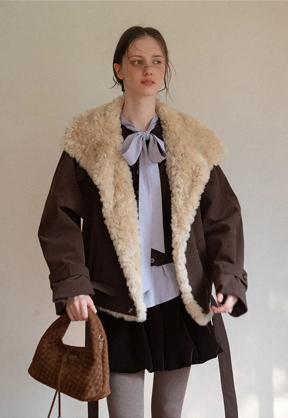 Shearling Trimmed Corduroy Short Jacket