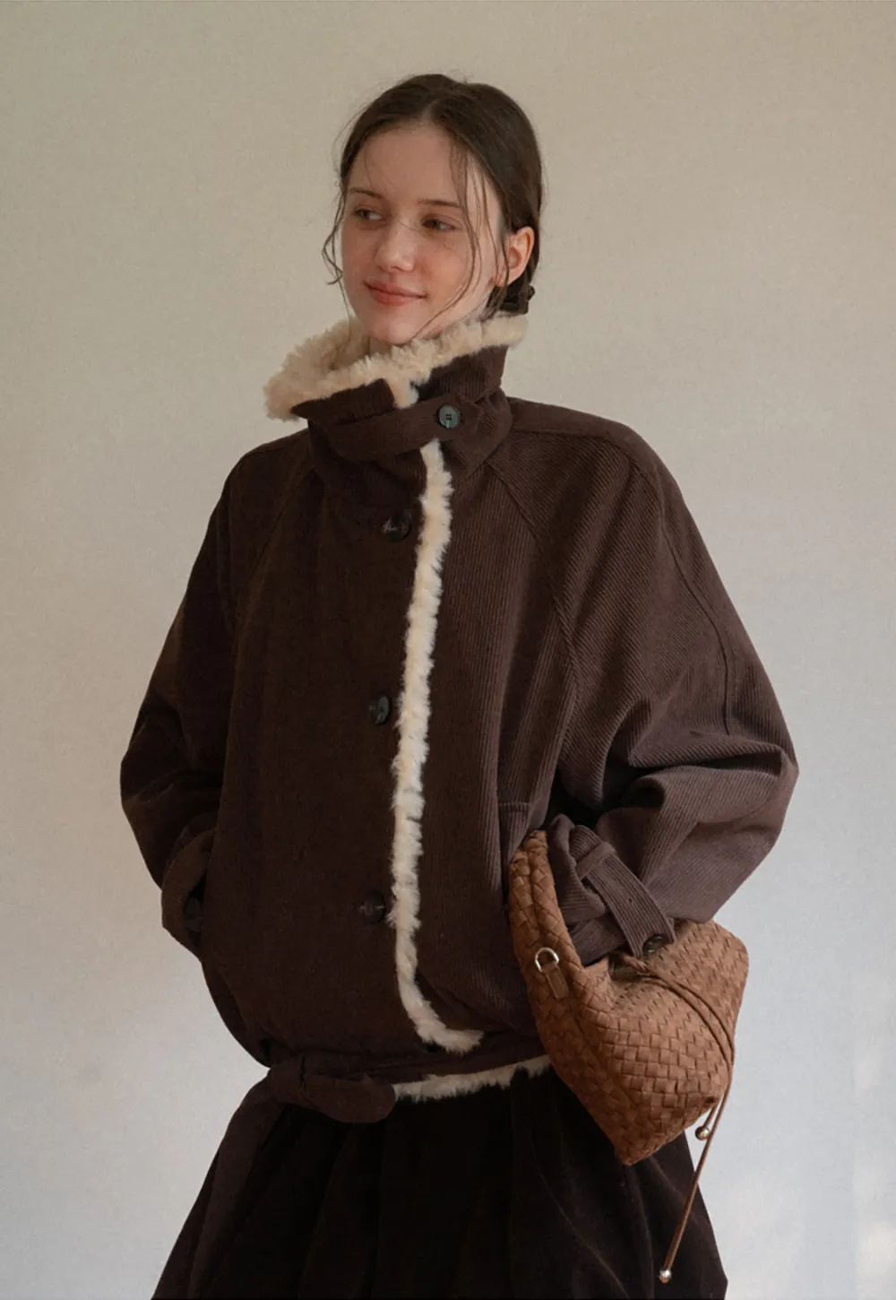 Shearling Trimmed Corduroy Short Jacket