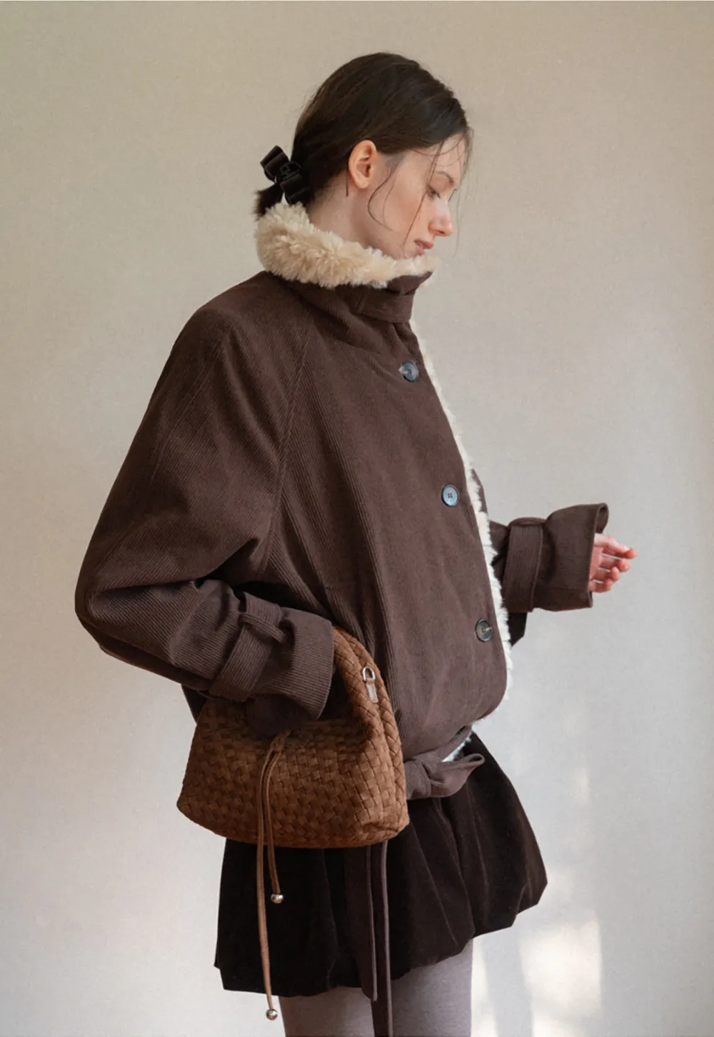 Shearling Trimmed Corduroy Short Jacket