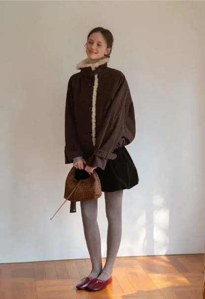 Shearling Trimmed Corduroy Short Jacket