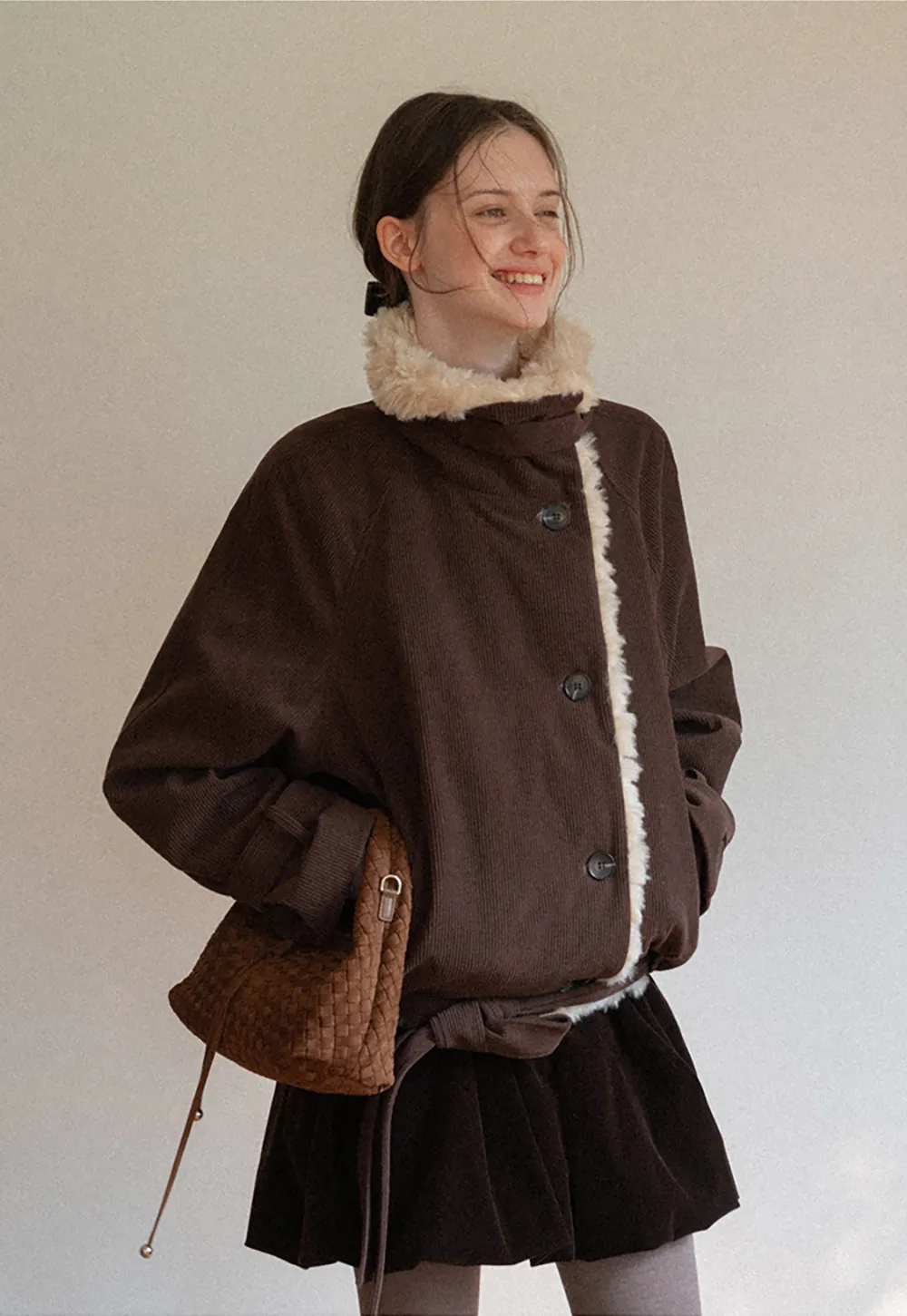 Shearling Trimmed Corduroy Short Jacket