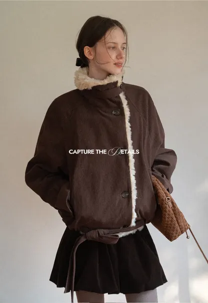 Shearling Trimmed Corduroy Short Jacket