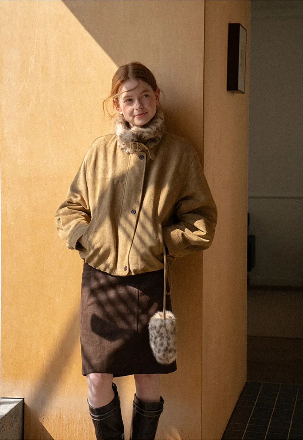 Leopard Print Faux Fur Collar Short Jacket