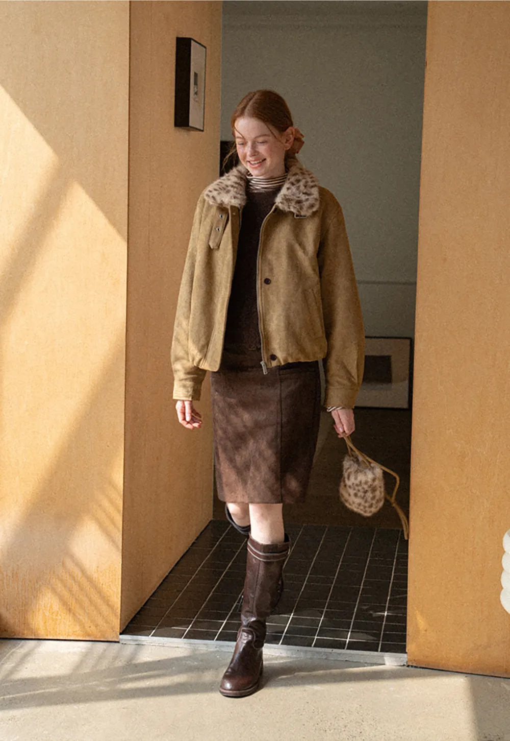 Leopard Print Faux Fur Collar Short Jacket