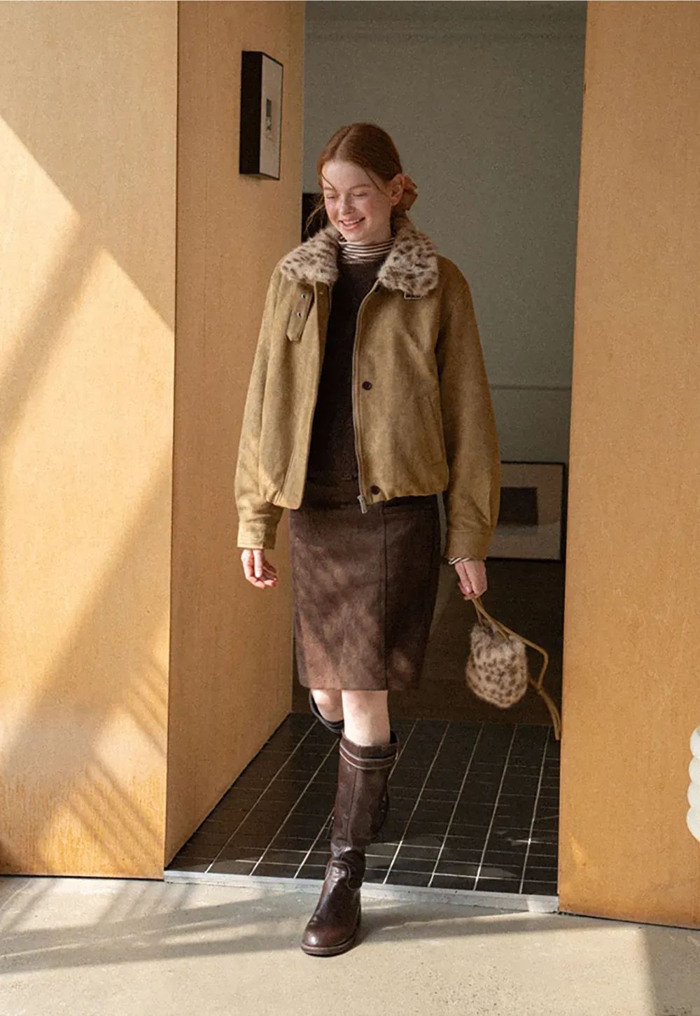 Leopard Print Faux Fur Collar Short Jacket