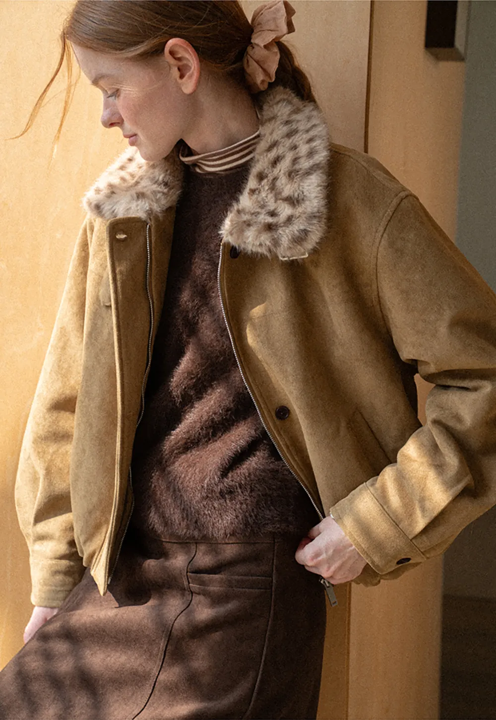Leopard Print Faux Fur Collar Short Jacket