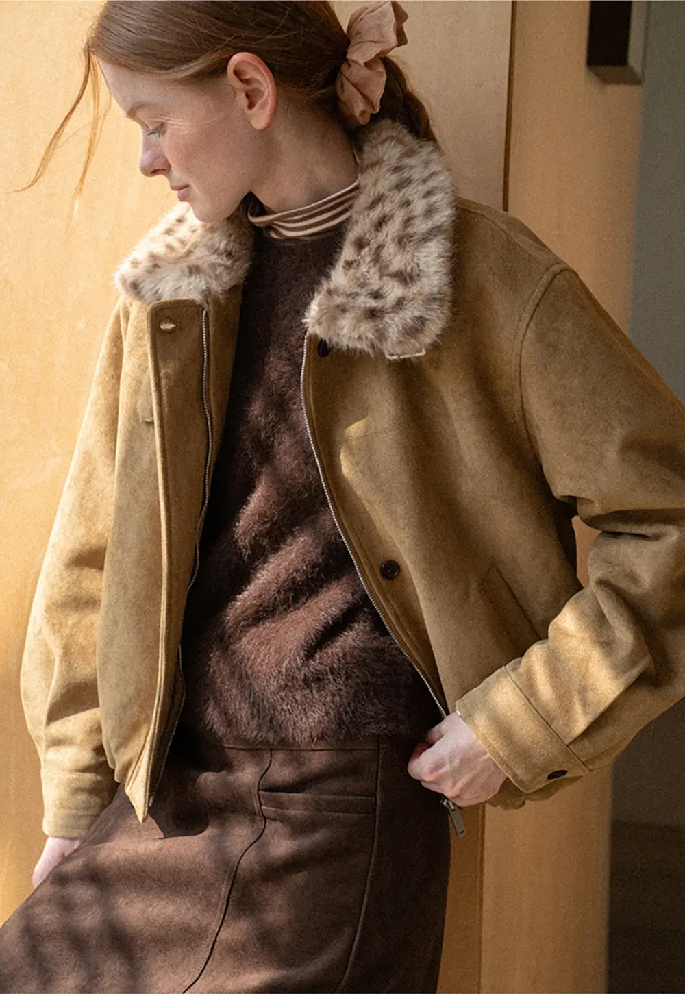Leopard Print Faux Fur Collar Short Jacket