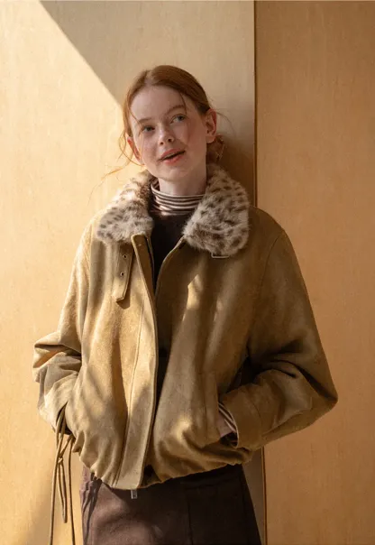 Leopard Print Faux Fur Collar Short Jacket