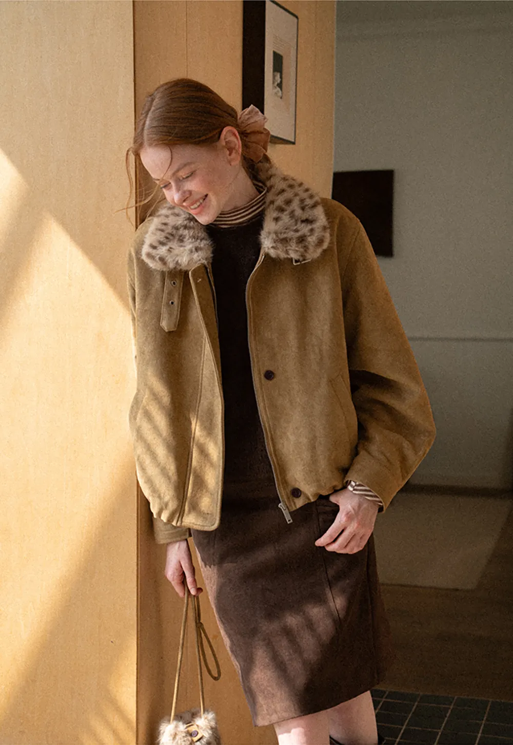 Leopard Print Faux Fur Collar Short Jacket