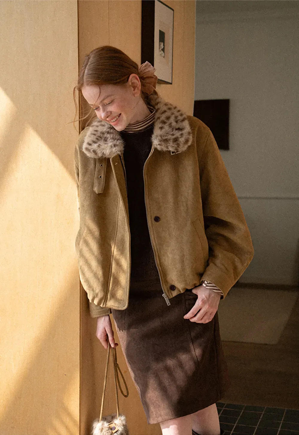 Leopard Print Faux Fur Collar Short Jacket