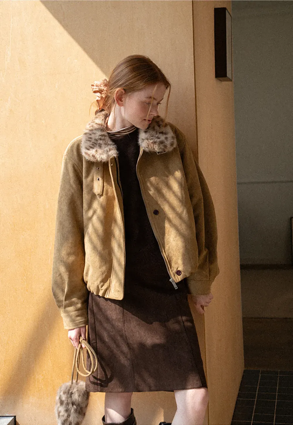 Leopard Print Faux Fur Collar Short Jacket