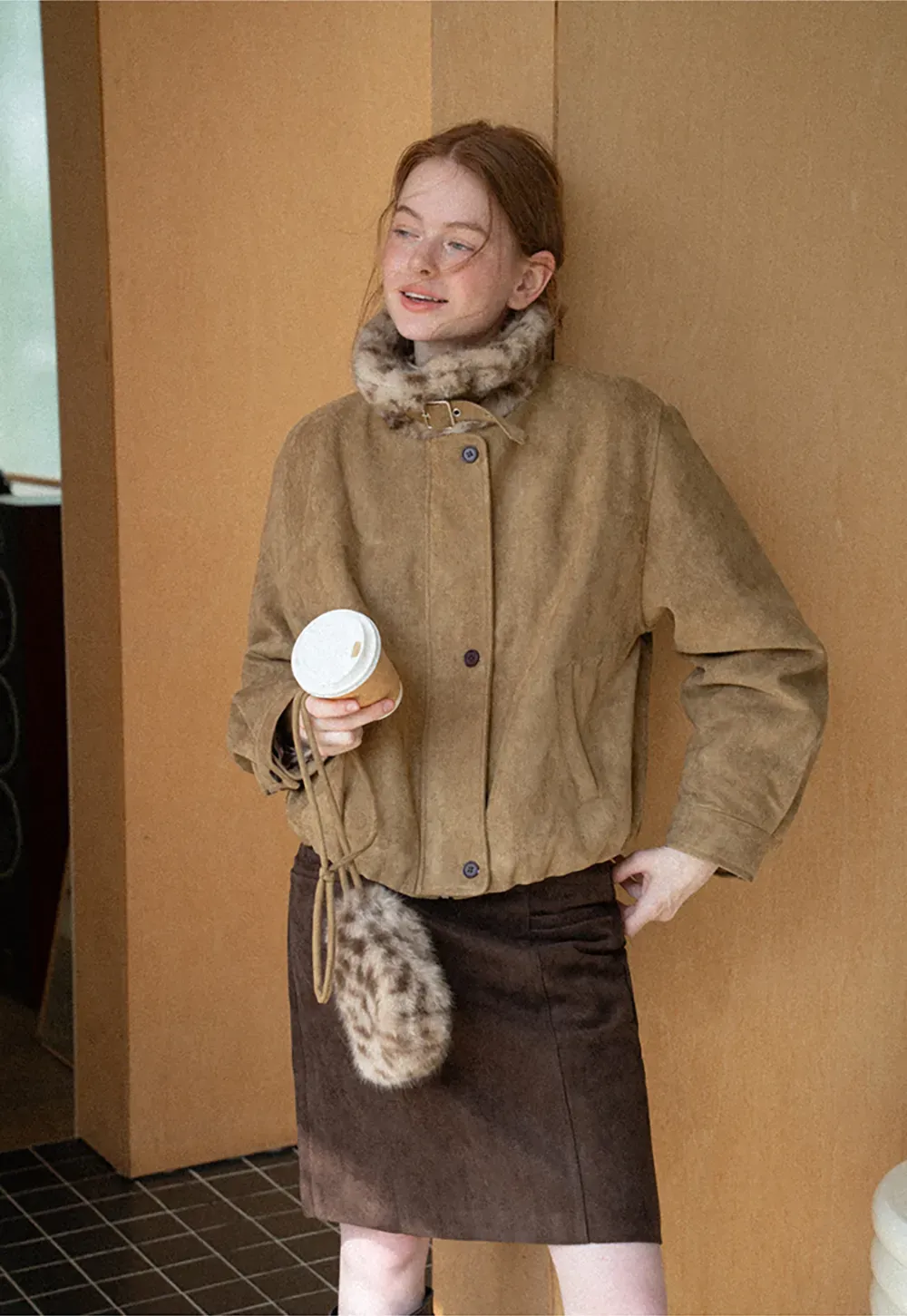 Leopard Print Faux Fur Collar Short Jacket