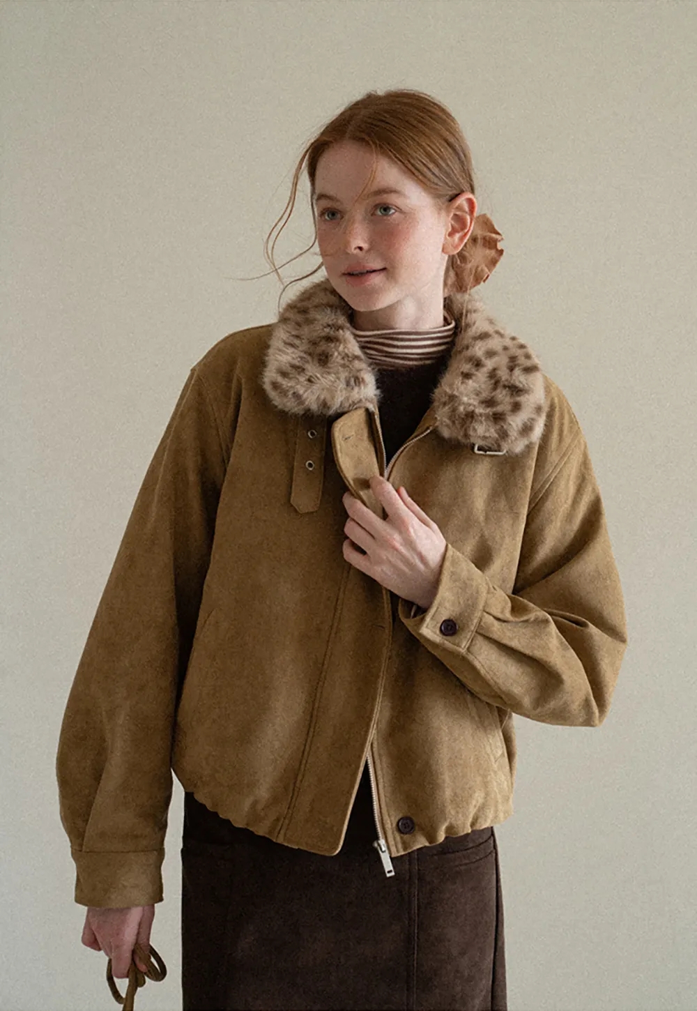 Leopard Print Faux Fur Collar Short Jacket